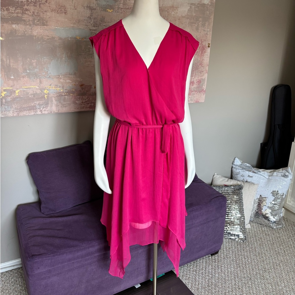 Halston Hot Pink High Low V-Neck Sheer Summer Dress w/ Faux Wrap Size‎ Large